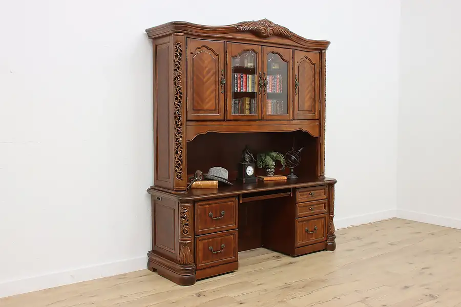 Main image of Carved Mahogany Vintage Office Credenza Bookcase Desk Amini