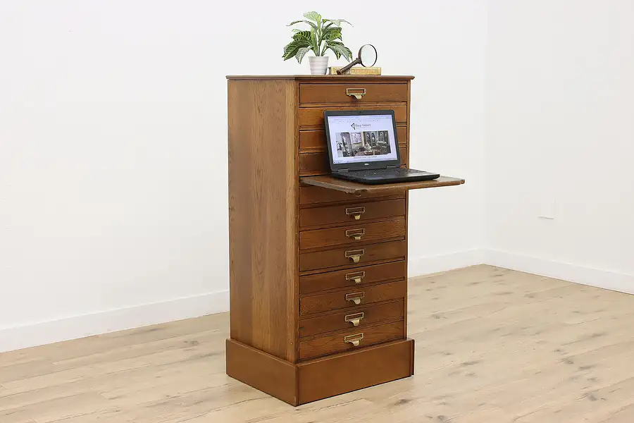 Main image of Oak Antique 12 Drawer File or Collector Cabinet, Brass Pulls