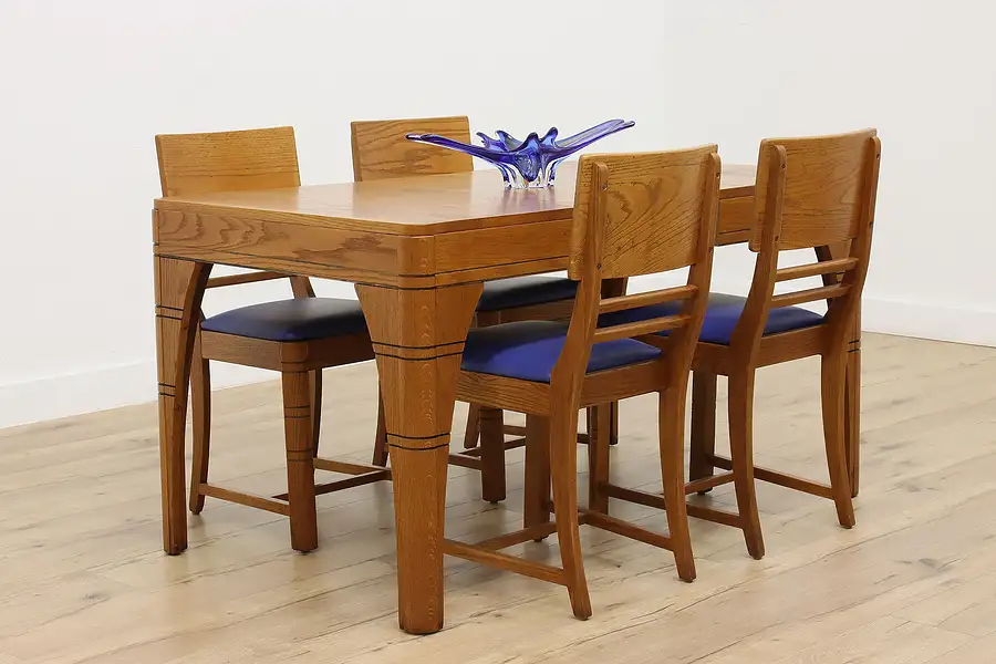 Main image of Midcentury Modern Vintage Oak Dining Set, 4 Leather Chairs