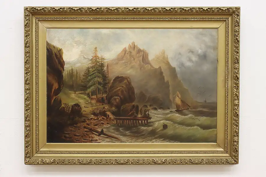 Main image of Stormy Harbor Antique Victorian Original Oil Painting 50"