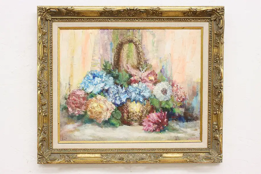 Main image of Blue & Pink Flowers Vintage Original Oil Painting, Feret 26"