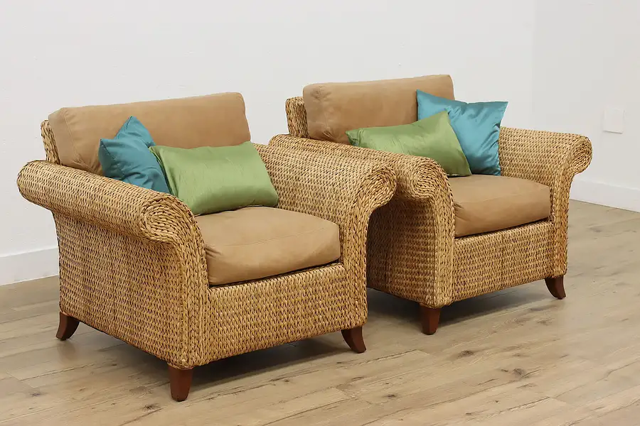 Main image of Pair of Vintage Sunroom Wicker & Leather Chairs, Palecek