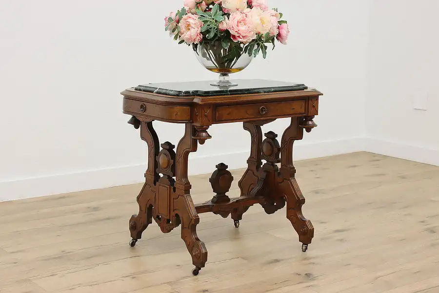 Main image of Victorian Antique Walnut & Marble Parlor Desk, Hall Console