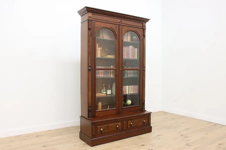 Main image of Victorian Antique Walnut & Burl Bookcase Wavy Glass