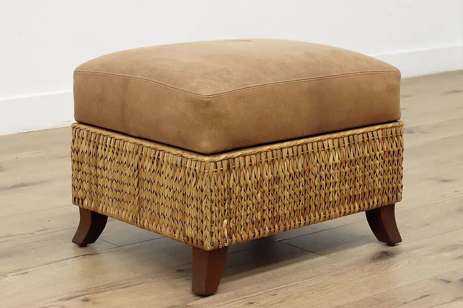 Main image of Sunroom Vintage Wicker & Leather Ottoman, Storage, Palecek