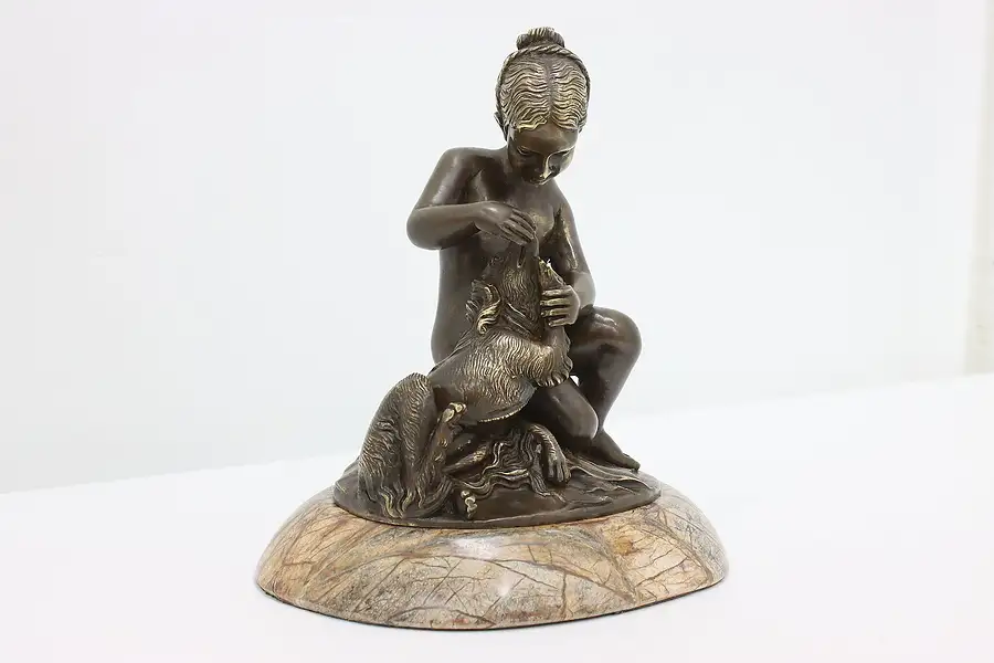 Main image of Bronze Vintage Statue Girl & Dog Sculpture, Marble Base