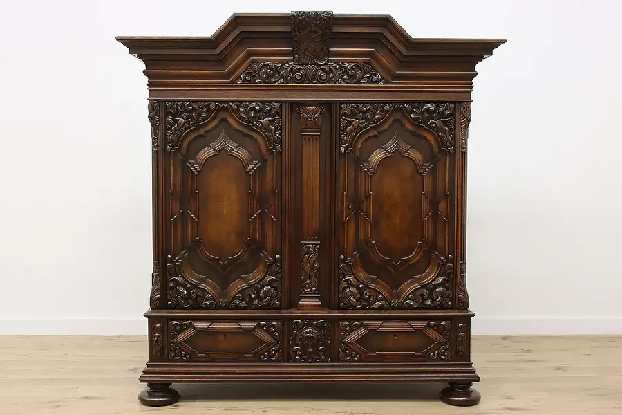 Main image of Dutch Antique Carved Oak Kas, Wardrobe, Armoire or Cabinet