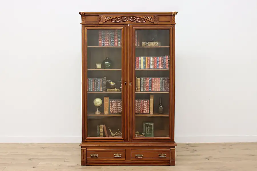 Main image of Victorian Eastlake Antique Carved Cherry Bookcase or Display