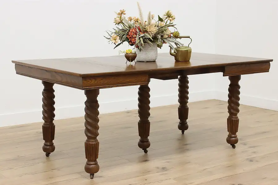 Main image of Victorian Farmhouse Antique Carved Oak Dining Table 2 Leaves