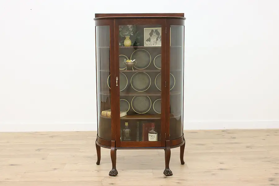 Main image of Victorian Antique Oak Curved Glass China or Curio Cabinet