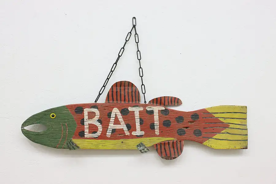 Main image of Farmhouse Vintage Folk Art Carved & Painted Fish Bait Sign