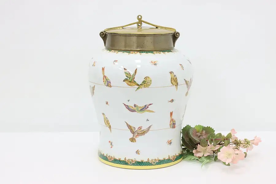 Main image of Chinese Vintage Porcelain Jar, Brass Lid, Hand Painted Birds