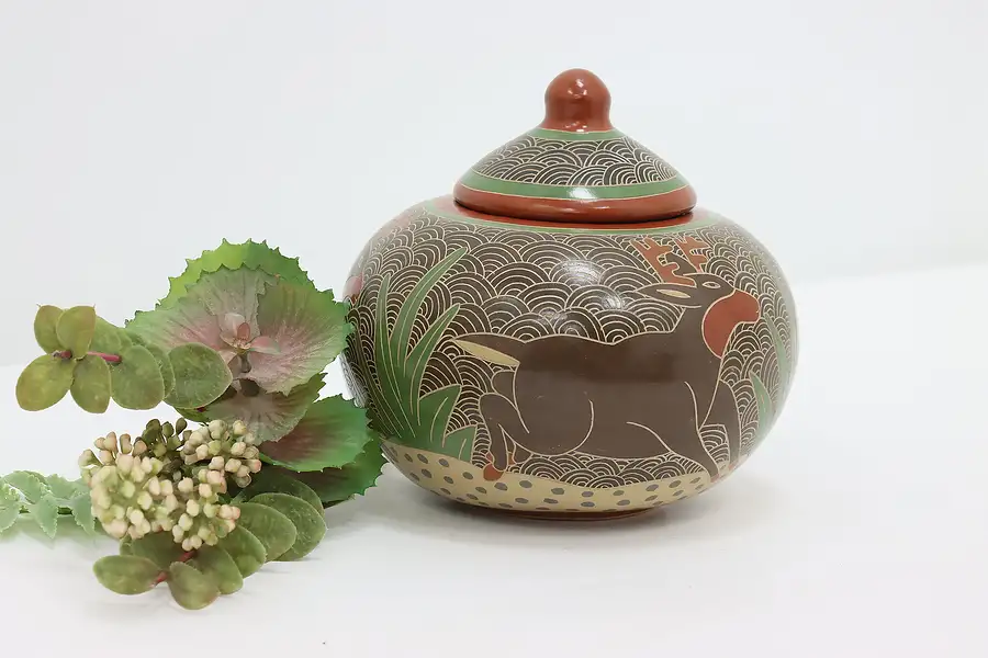 Main image of Hand Painted Vintage Pottery Jar or Container, Deer