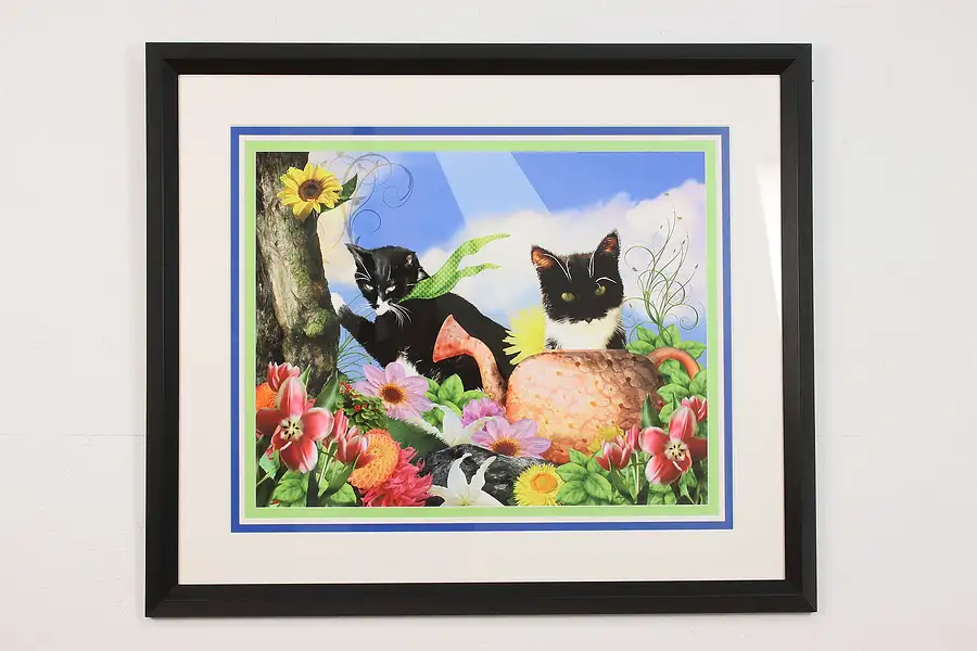 Main image of Cats Playing in Garden Vintage Original Print 41"