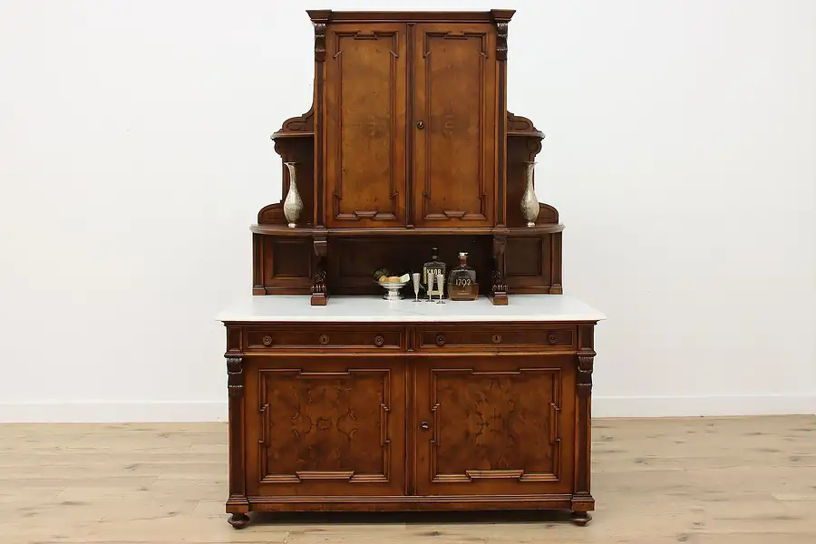 Main image of Victorian Antique Marble & Carved Walnut Backbar Sideboard