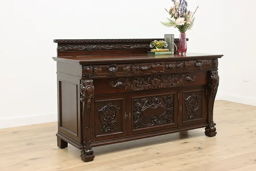 Main image of Renaissance Antique Carved Oak Sideboard Bar Buffet Fuldner