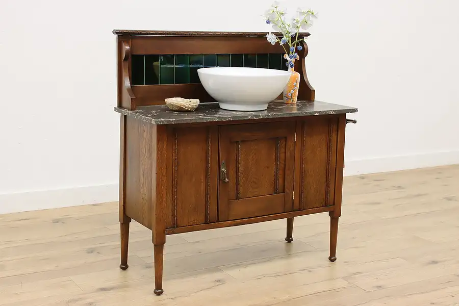 Main image of Victorian English Antique Stone & Tile Washstand, Bar Server