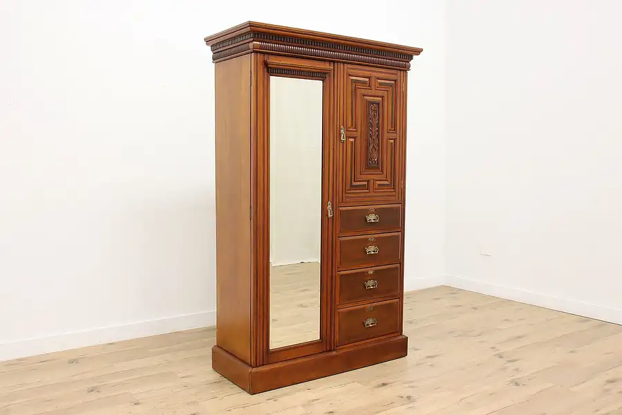 Main image of Victorian Antique Carved Fruitwood Armoire Wardrobe, Mirror