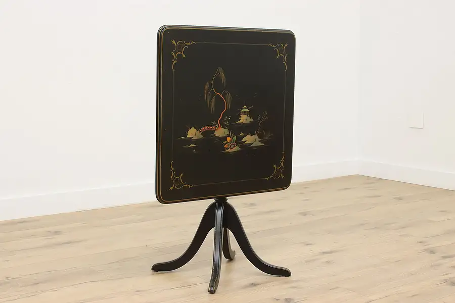 Main image of Black Lacquer Tilt Top Vintage Card Game Table, Pagoda