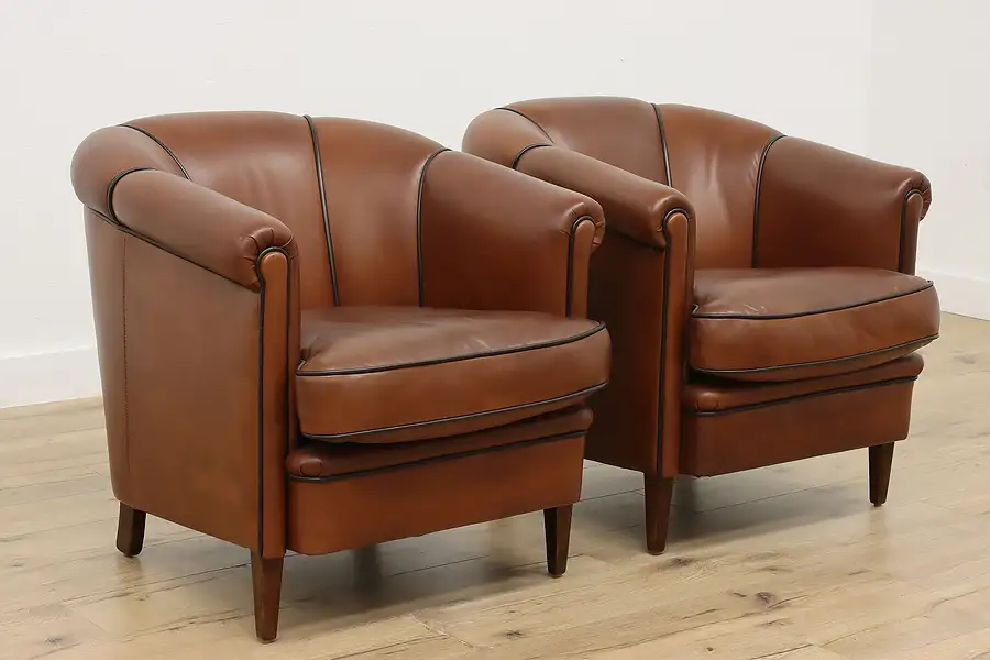 Main image of Pair of Art Deco Design Leather Club Arm Chairs, Teaks