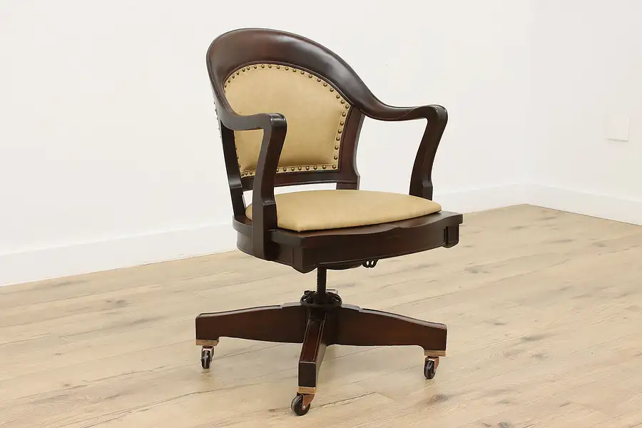 Main image of Leather & Mahogany Antique Swivel Desk Chair, Milwaukee