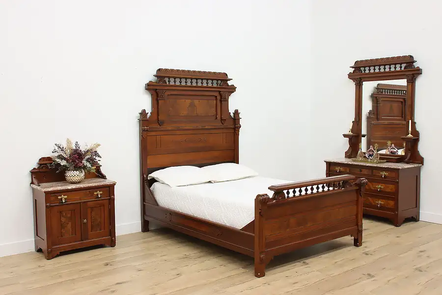 Main image of Victorian Eastlake Antique 3pc. Walnut Bedroom Set, Full Bed