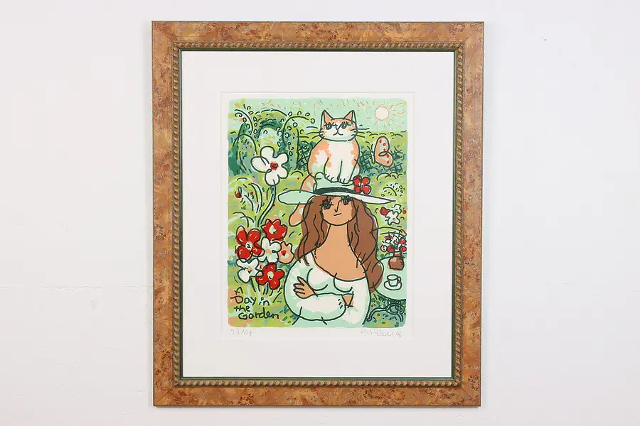 Main image of Woman & Cat in Garden Original Print, Signed 35"