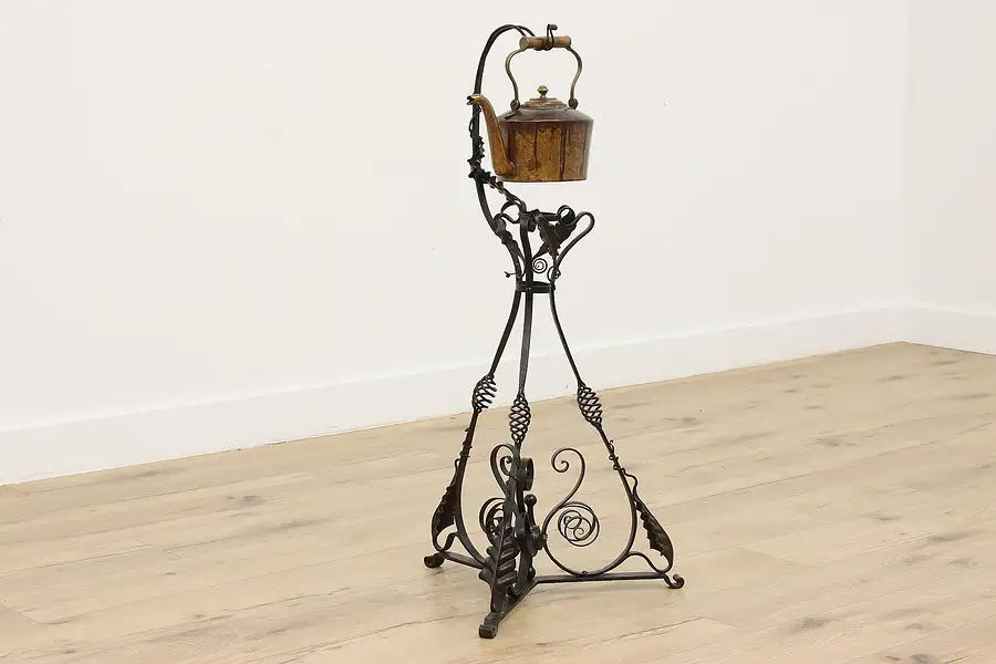 Main image of Farmhouse Antique Ornate Iron Tea Kettle Stand, Leaves