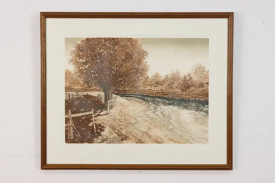 Main image of Creek with Trees Vintage Lithograph Print, Signed 32"