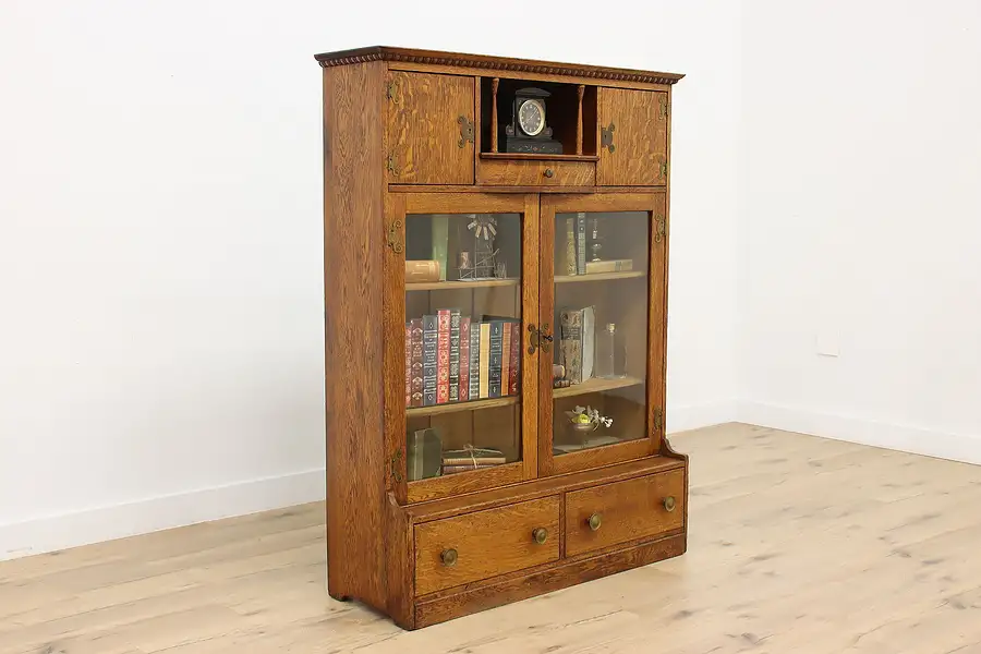 Main image of Victorian Antique Carved Oak Display Cabinet or Bookcase