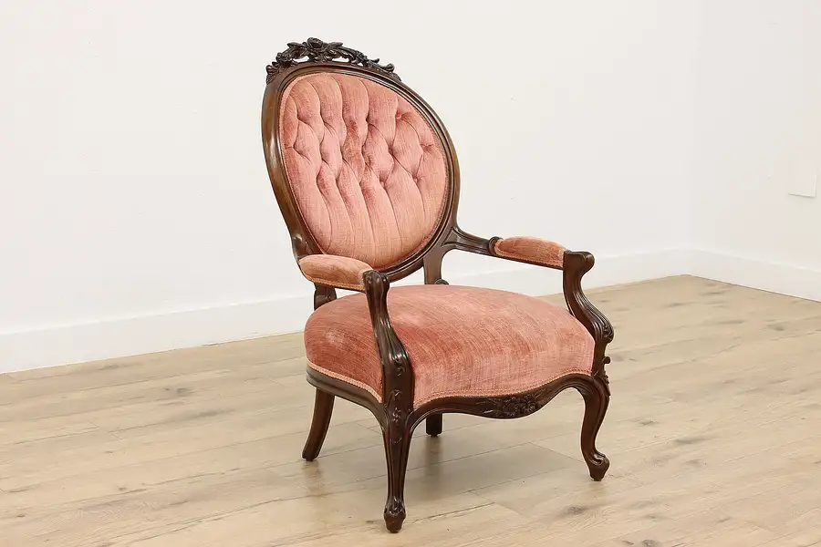 Main image of Victorian Antique Upholstered Armchair, Carved Flowers