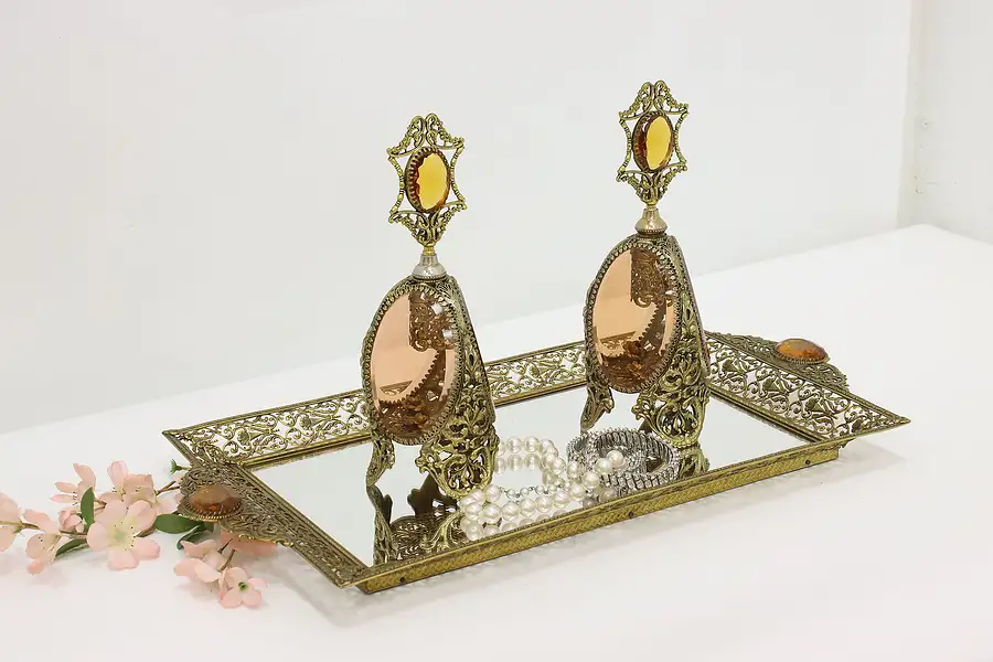 Main image of Victorian Vintage Brass Tray & Perfume Bottle Set Amber Gems