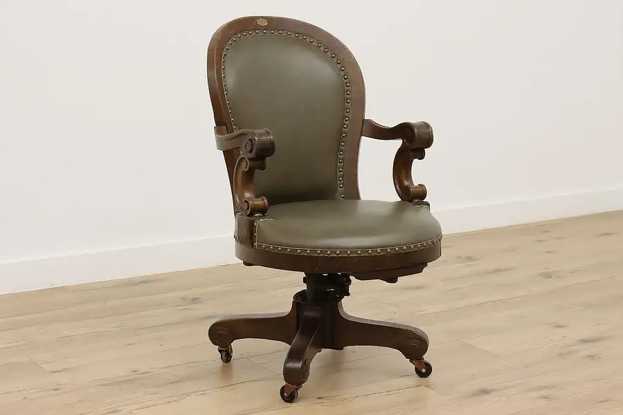 Main image of Victorian Antique Carved Oak Office Desk Chair, New Leather