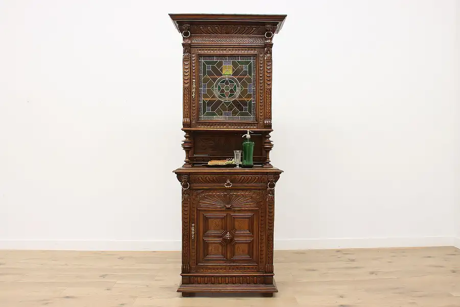 Main image of Renaissance Antique Carved Oak Bar Cabinet, Stained Glass