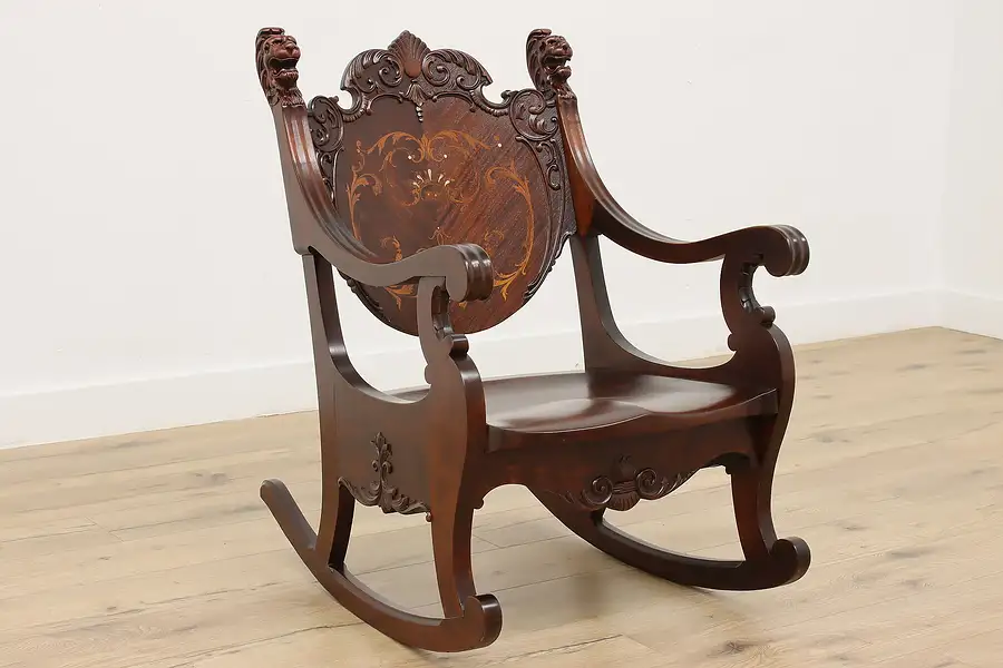 Main image of Victorian Antique Marquetry & Pearl Rocking Chair Lion Heads