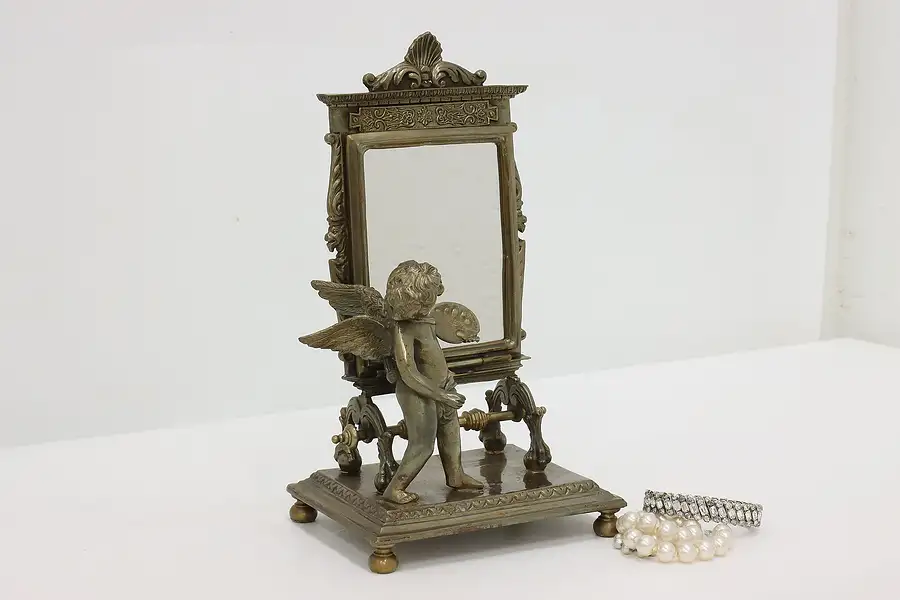 Main image of Victorian Antique Brass Tabletop Dresser Mirror, Cherub