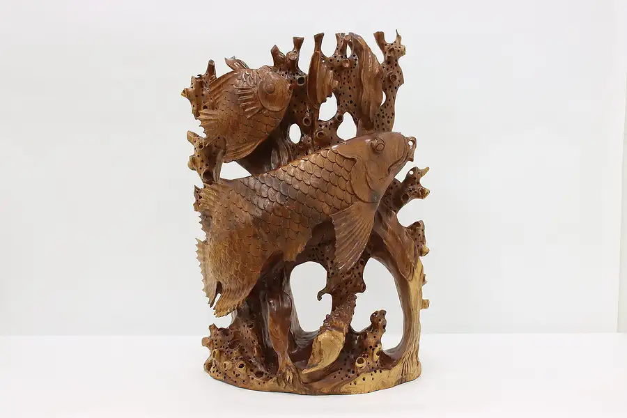 Main image of Carved Camphor Wood Vintage Coral Reef w/ Fish Sculpture