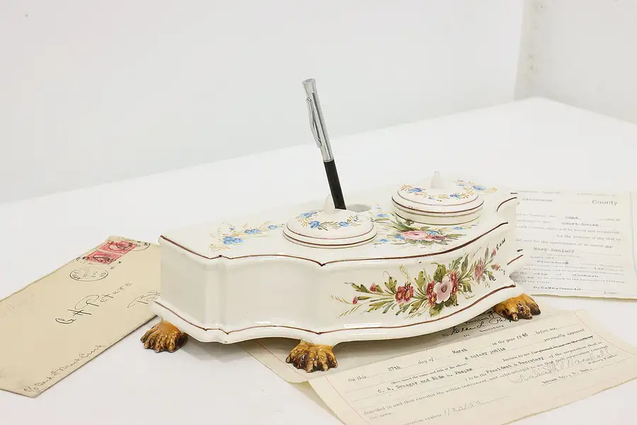 Main image of Italian Vintage Desktop Double Inkwell, Painted Flowers, C.A