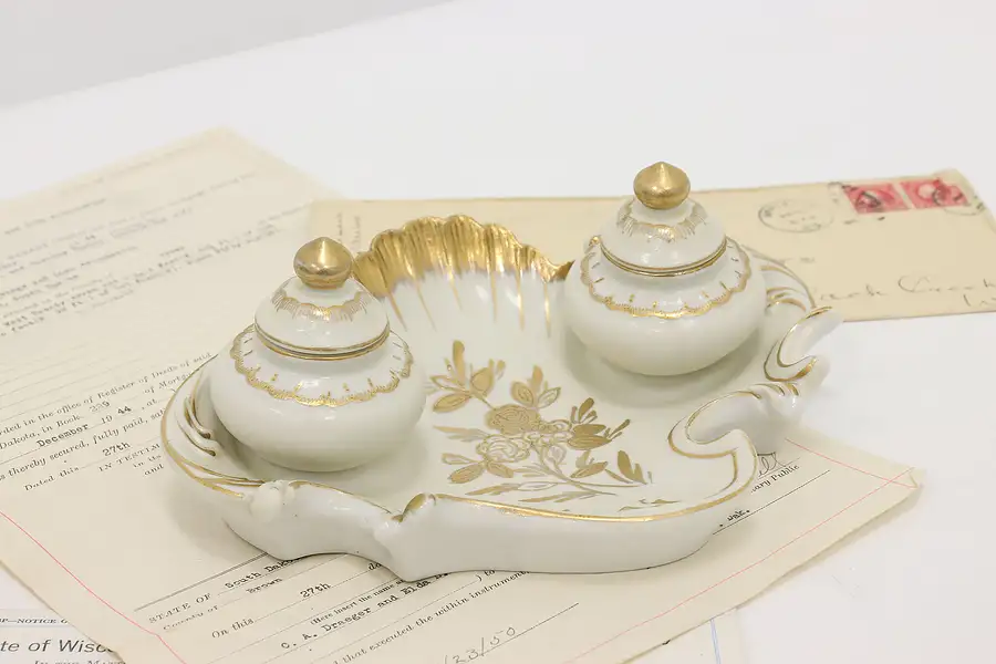 Main image of French Vintage Painted Porcelain Double Desktop Inkwell