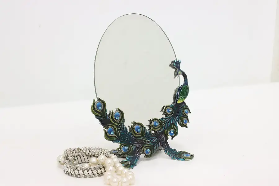 Main image of Tabletop or Dresser Vintage Mirror, Peacock w/ Gems