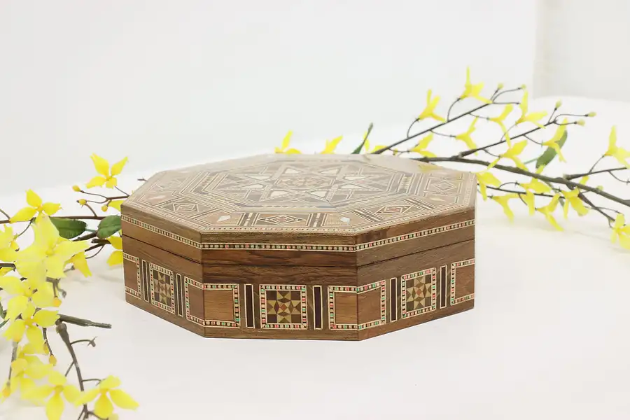 Main image of Syrian Vintage Inlay Mosaic Jewelry Octagon Box, Signed