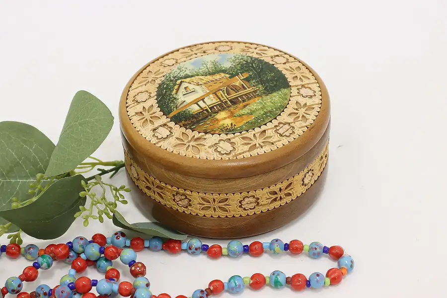 Main image of Walnut Vintage Jewelry Box w/ Leather & Painted Watermill