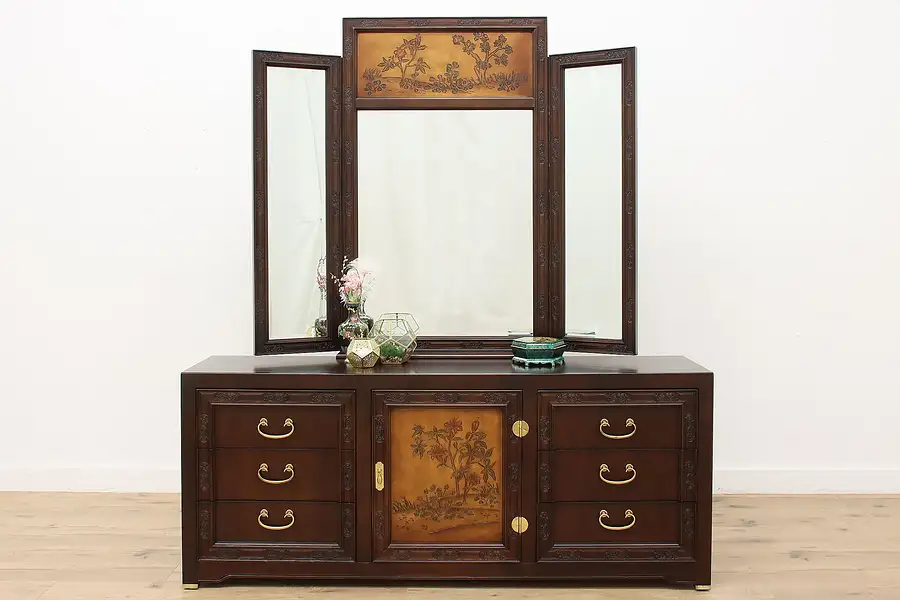 Main image of Asian Vintage Carved Birch Dresser w/ Mirror, Bernhardt