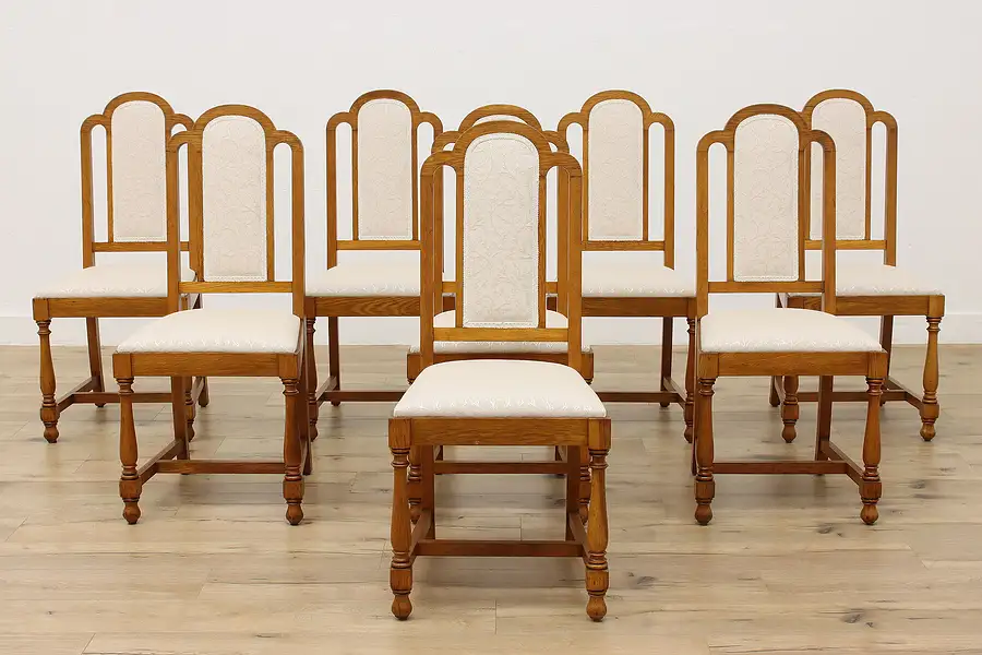 Main image of Set of 8 European Art Deco Antique Carved Oak Dining Chairs