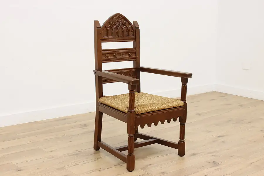 Main image of Gothic Design Vintage Carved Oak Chair, Rush Seat, Arches