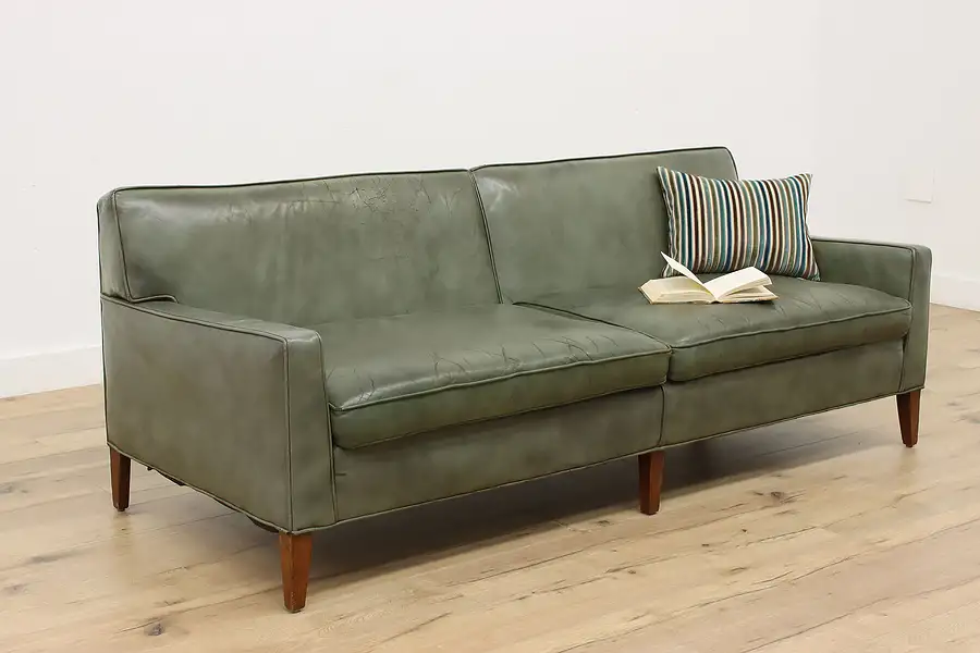 Main image of Midcentury Modern Vintage Green Leather Sofa or Couch