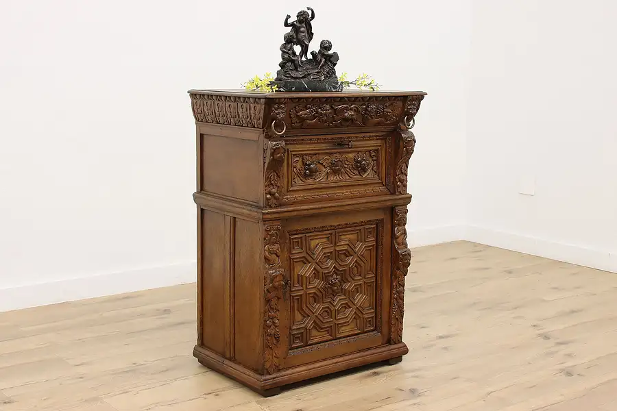 Main image of Renaissance Design Antique Carved Oak Bar Cabinet, Lions