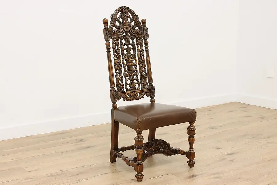 Main image of Tudor Design Vintage Carved Oak Side Chair, New Leather