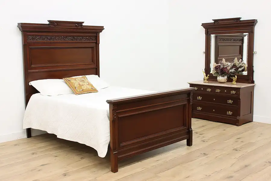 Main image of Victorian Antique 2 Pc Carved Mahogany Bedroom Set Queen Bed