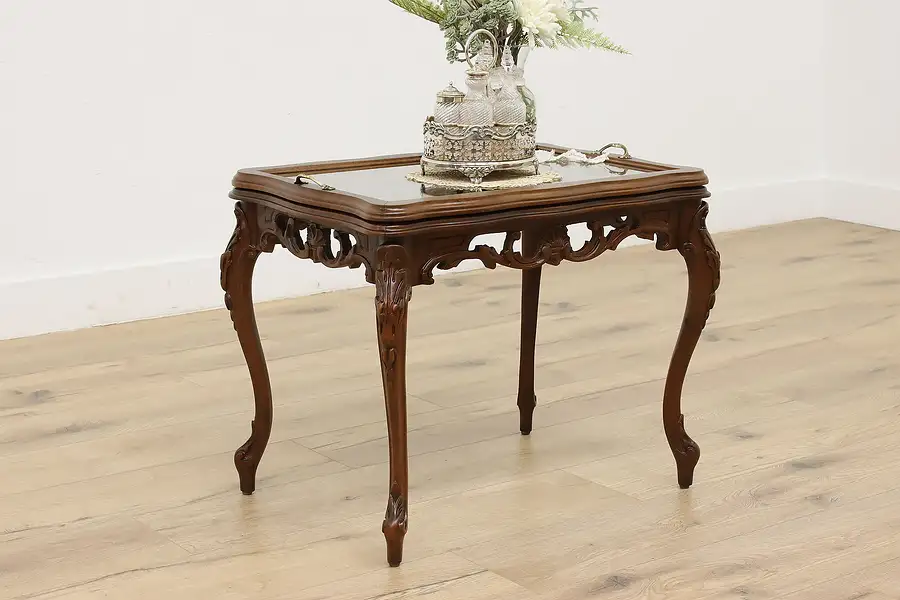 Main image of French Design Vintage Carved Walnut Coffee Table w/ Tray